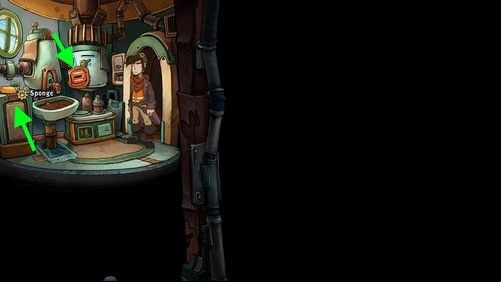 Go to the bathroom (up) - Find coffee water ingredients | Part 1 - Kuvaq - Part 1 - Kuvaq - Deponia Game Guide & Walkthrough