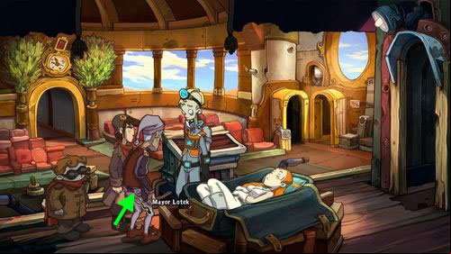 Suspecting theft, he transforms into policeman - quickly place a stethoscope in mayors pants and youll witness a funny situation - Make an espresso | Part 1 - Kuvaq - Part 1 - Kuvaq - Deponia Game Guide & Walkthrough