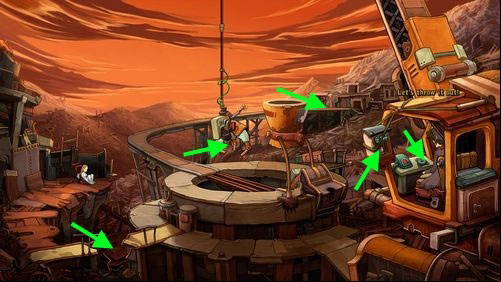 Rufus and unconscious Goal are near the junk mine, but there is mine cart missing, so Goal cant be transported any further - Fix the mine cart | Part 2 - Junk Mine - Part 2 - Junk Mine - Deponia Game Guide & Walkthrough