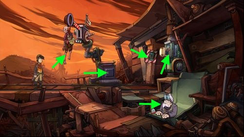 Notice the skeleton there, hanging on the semaphore - Fix the mine cart | Part 2 - Junk Mine - Part 2 - Junk Mine - Deponia Game Guide & Walkthrough