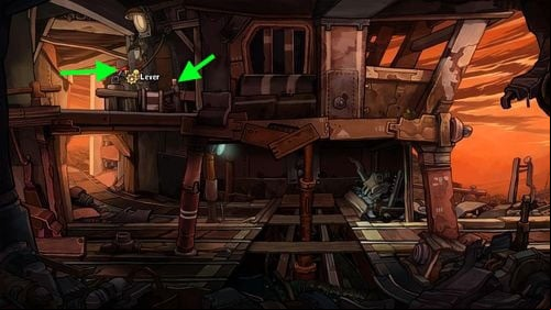 Switch the red Lever to turn on lights in the mine and then press the Button next to the lever - Place Goal in the mine cart | Part 2 - Junk Mine - Part 2 - Junk Mine - Deponia Game Guide & Walkthrough