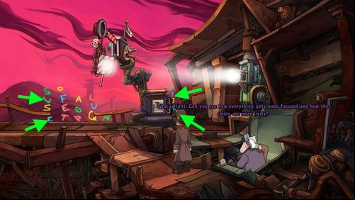 Now you have to focus on letters visible in a distance and tell the world, who you are - Place Goal in the mine cart | Part 2 - Junk Mine - Part 2 - Junk Mine - Deponia Game Guide & Walkthrough
