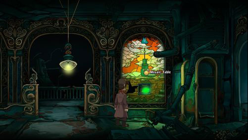 Return to the Dirty Mosaic Table and use Mop with Soapy Water to clear it - Clear the mosaic table | Part 3 - Lower Ascension Station - Part 3 - Lower Ascension Station - Deponia Game Guide & Walkthrough