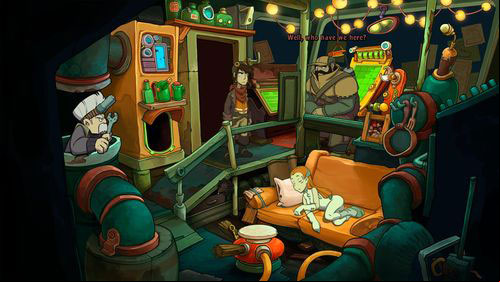 Youll see there unconscious Goal, lying on the couch - Find Goal | Part 3 - Lower Ascension Station - Part 3 - Lower Ascension Station - Deponia Game Guide & Walkthrough