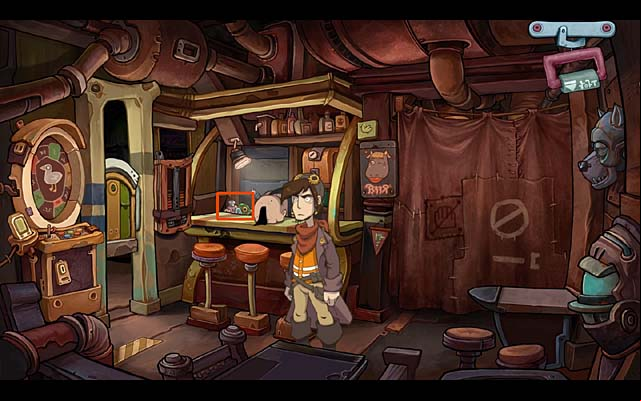 Take a power inverter with throttle limiter (behind the counter, on the left side of Lonzo) - Load a gun - Chapter one - Deponia Doomsday - Game Guide and Walkthrough