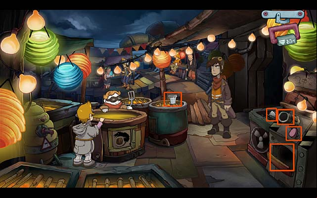 Put the glass with ice cubes on the grill, move away a little bit, and take a glass of water - Load a gun - Chapter one - Deponia Doomsday - Game Guide and Walkthrough