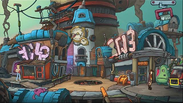 In the inventory pour the milk into the cylinder head and throw the peanuts into it - Bring the sandwich to the builder - Chapter six - Deponia Doomsday - Game Guide and Walkthrough
