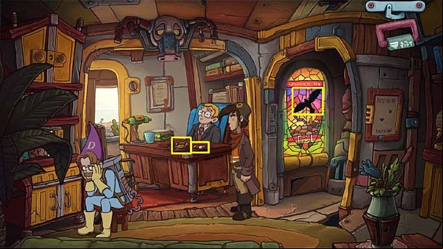 Try to remove the bird sticker from the stained glass window - Turn on the time machine - Chapter five - Deponia Doomsday - Game Guide and Walkthrough