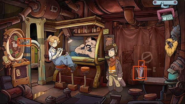 From the glass (on the table) take a straw, take also this glass - Save the pyramid of glasses - Chapter one - Deponia Doomsday - Game Guide and Walkthrough