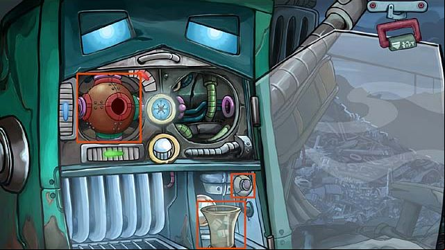 Click on the machine and open the glass door, then open the metal one - Save the pyramid of glasses - Chapter one - Deponia Doomsday - Game Guide and Walkthrough