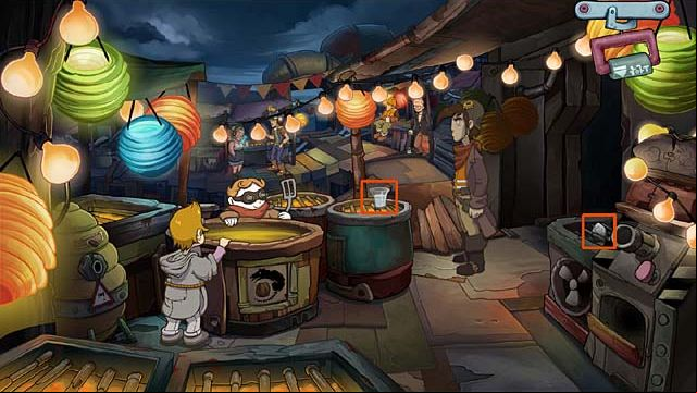 Take a glass of water, and use it on the jacket potato which is lying on the grill on the right side - Save the pyramid of glasses - Chapter one - Deponia Doomsday - Game Guide and Walkthrough
