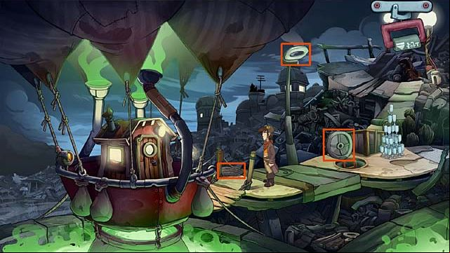 Take a rope lying near balloon and throw it on the toilet seat - Set an elephant trap - Chapter one - Deponia Doomsday - Game Guide and Walkthrough