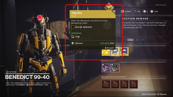 To purchase the above-mentioned note, go to Benedict 99-40 NPC, who can be found in The Tower, near Drifters position - Destiny 2: Truth rocket launcher - how to get? - Exotic Weapon Quests - Destiny 2 Game Guide