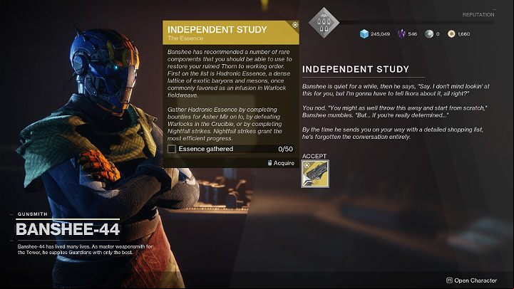 To complete the Essence task you need to collect 50 Hadronic Essences by performing various activities - Destiny 2: Thorn revolver - how to get? - Exotic Weapon Quests - Destiny 2 Game Guide