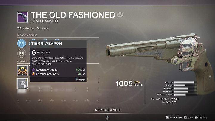 Weapons found in Destiny 2 may already have a specific Tier, such as The Hand Cannon seen in the image above which was found on the 5th Tier - Destiny 2: Masterwork Weapons - Equipment - Destiny 2 Game Guide