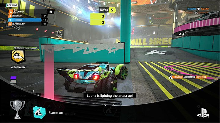 It is very likely that the opponents will drive through the flames instead of stopping or turning around in an attempt to avoid the fire at all costs - Destruction AllStars: Trophy List - Appendix - Destruction AllStars Guide