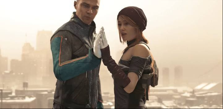 Scene on the roof of a destroyed building in front of the March. - How to get Marcus and North into a romance in Detroit Become Human? - FAQ - Detroit Become Human Guide