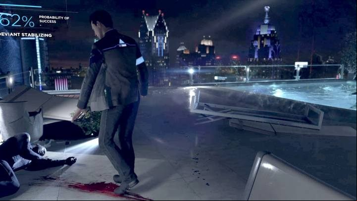 In the corner of the terrace you will find a dying policeman - help him, and you will meet him in the Public Enemy scene, as well as increase public opinion, which has an impact on the background of events and the games finale - The Hostage | Connor | Detroit Become Human Walkthrough - Connor Walkthrough - Detroit Become Human Guide