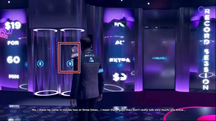 The first android is found opposite to the exit from the room (marked with number nine) - The Eden Club | Connor | Detroit Become Human Walkthrough - Connor Walkthrough - Detroit Become Human Guide