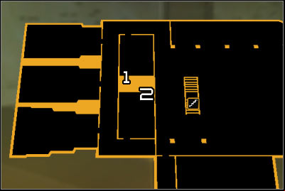 Map legend: 1 - Northern ventilation shaft entrance; 2 - Southern ventilation shaft entrance - (2) Peaceful solution: Getting out of the ambush - Confronting Eliza Cassan - Deus Ex: Human Revolution Game Guide