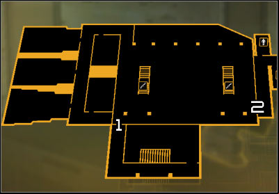 Map legend: 1 - Server room age (level 6); 2 - Lobby age (level 6) - (2) Peaceful solution: Getting out of the ambush - Confronting Eliza Cassan - Deus Ex: Human Revolution Game Guide