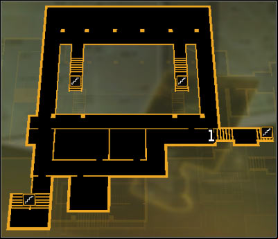 Map legend: 1 - Lobby age (level 7) - (2) Peaceful solution: Getting out of the ambush - Confronting Eliza Cassan - Deus Ex: Human Revolution Game Guide