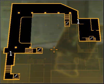Map legend: 1 - balconies age - (3) Peaceful solution: Reaching the staircase at the back of the studio - Confronting Eliza Cassan - Deus Ex: Human Revolution Game Guide