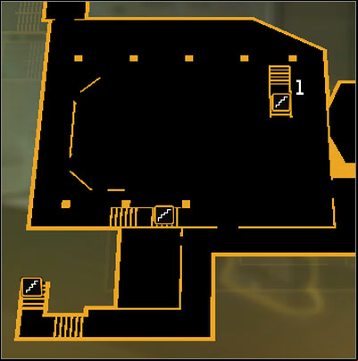 Map legend: 1 - Turret control - (3) Peaceful solution: Reaching the staircase at the back of the studio - Confronting Eliza Cassan - Deus Ex: Human Revolution Game Guide