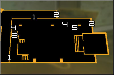 Map legend: 1 - age to the funicular room; 2 - First shaft entrance and exit; 3 - Upper balconies stairs; 4 - Second shaft entrance and exit; 5 - Turret control terminal - (4) Aggressive solution: Reaching the funicular - Confronting Eliza Cassan - Deus Ex: Human Revolution Game Guide