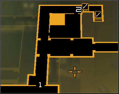 Map legend: 1 - South room entrance; 2 - Stairs leading onto the upper level - (7) Aggressive solution: Reaching the staircase - Confronting Eliza Cassan - Deus Ex: Human Revolution Game Guide