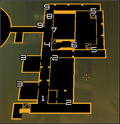 Map legend: 1 - Main corridor; 2 - Office room age; 3 - Shafts exits; 4 - Southern door to the last corridor; 5 - Data processing room age; 6 - Side room entrance; 7 - Fragile wall fragment; 8 - Northern door to the last corridor; 9 - Shaft age leading to the last corridor - (9) Peaceful solution: Reaching room 802-11 - Confronting Eliza Cassan - Deus Ex: Human Revolution Game Guide