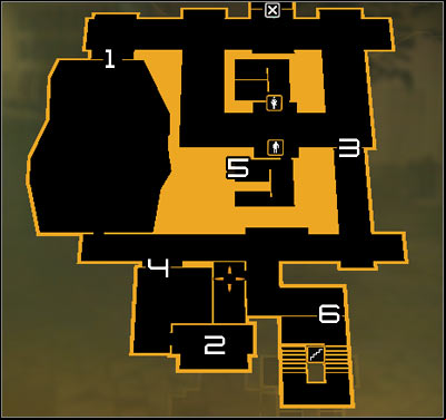 Map legend: 1 - Meeting Hall entrance; 2 - The place where you talk with Taggart or find the terminal; 3 - Guarded zone entrance; 4 - Backroom age; 5 - Ventilation shaft entrance; 6 - Staircase door - (3) Talking with Taggart - Finding Isaias Sandoval - Deus Ex: Human Revolution Game Guide
