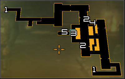 Map legend: 1 - Sewers entrances; 2 - Turrets; 3 - Jacob White and the third turret; 4 - Turret control terminal; 5 - Bomb - Smash the State (step 4) - Side quests - Deus Ex: Human Revolution Game Guide