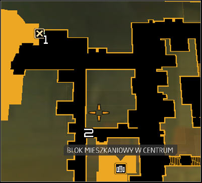 Map legend: 1 - Main entrance to the Harvesters hideout; 2 - Descent to the sewers - (4) Peaceful solution: Getting into the Harvesters hideout - Find Vasili Sevchenkos GPL Device - Deus Ex: Human Revolution Game Guide