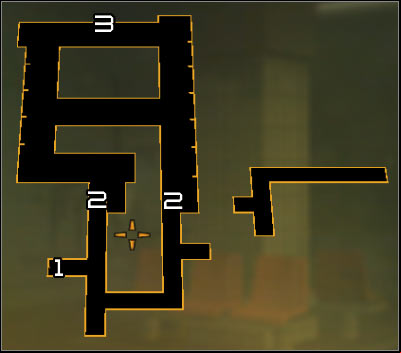 Map legend: 1 - Start point after getting down to the sewers; 2 - Ladders leading to the northern part of the sewers; 3 - Entrance to the Harvesters hideout - (4) Peaceful solution: Getting into the Harvesters hideout - Find Vasili Sevchenkos GPL Device - Deus Ex: Human Revolution Game Guide