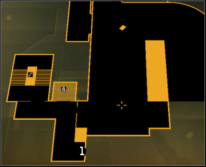 Map legend: 1 - Start place of exploration of the Harvesters hideout on level 1 - (5) Peaceful solution: Going through the Harvesters hideout - Find Vasili Sevchenkos GPL Device - Deus Ex: Human Revolution Game Guide