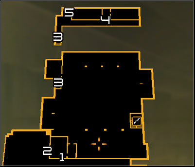 Map legend: 1 - Main entrance to the warehouse; 2 - Ladder; 3 - Stairs leading to the backside balconies; 4 - Main entrance to warehouse offices; 5 - Ladder - (6) Aggressive solution: Getting to the Wangs office - Stowing Away - Deus Ex: Human Revolution Game Guide