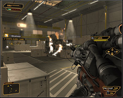 Guards are not your only problem, because soon after triggering the alarm, a huge combat machine will be dropped inside the warehouse (screen above) - (6) Aggressive solution: Getting to the Wangs office - Stowing Away - Deus Ex: Human Revolution Game Guide