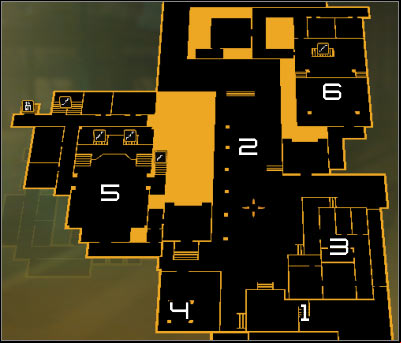 Map legend: 1 - Stairs leading to the main square; 2 - Defensive turret; 3 - Security building; 4 - Jam device; 5 - Bio-Mech Lab; 6 - Micro-Gen Lab - (1) Aggressive solution: Reaching the main square - Rescuing Megan and Her Team - Deus Ex: Human Revolution Game Guide