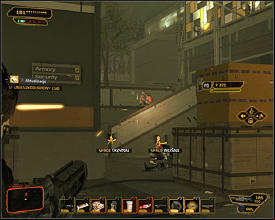 Make sure youre behind a cover, preferably in such place from which you can see the stairs and opponents emerging there (screen above) - (1) Aggressive solution: Reaching the main square - Rescuing Megan and Her Team - Deus Ex: Human Revolution Game Guide