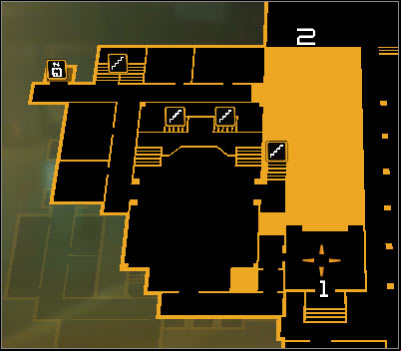 Map legend: 1 - Main entrance to the Bio-Mech Lab building; 2 - Entrance to the air vent - (3) Peaceful solution: Finding Declan Faherty - Rescuing Megan and Her Team - Deus Ex: Human Revolution Game Guide