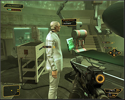 Enter the lab, walk to Declan and start the conversation - (3) Aggressive solution: Finding Declan Faherty - Rescuing Megan and Her Team - Deus Ex: Human Revolution Game Guide