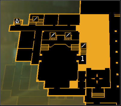 Map legend: 1 - Stairs leading to the bridge connecting both buildings - (4) Peaceful solution: Finding Nia Colvin - Rescuing Megan and Her Team - Deus Ex: Human Revolution Game Guide