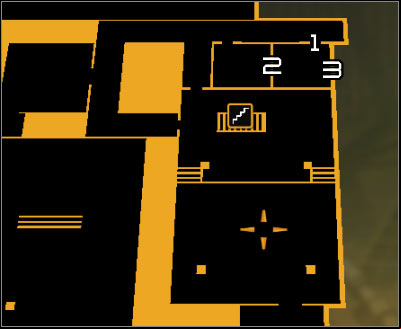 Map legend: 1 - Main entrance to the room G-11; 2 - Breakable wall; 3 - Air vent entrance - (4) Peaceful solution: Finding Nia Colvin - Rescuing Megan and Her Team - Deus Ex: Human Revolution Game Guide