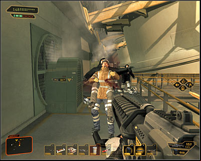 Taggart hides on second level of this facility - north from currently explored balconies, in a small room near to the Server Room - (6) Aggressive solution: Reaching the William Taggarts hideout - Shutting Down Darrows Signal - Deus Ex: Human Revolution Game Guide