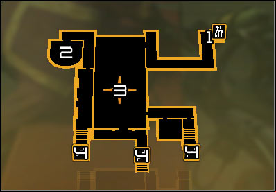 Map legend: 1 - Start place if you use an elevator; 2 - Start place if you jump into an air vent; 3 - Main room with insane civilians; 4 - Descends to level -4 - (7) Peaceful solution: Reaching the David Sarifs hideout - Shutting Down Darrows Signal - Deus Ex: Human Revolution Game Guide