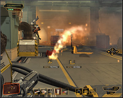 Move close to a first room, where youll find a very large group of insane workers (screen above) - (7) Aggressive solution: Reaching the David Sarifs hideout - Shutting Down Darrows Signal - Deus Ex: Human Revolution Game Guide