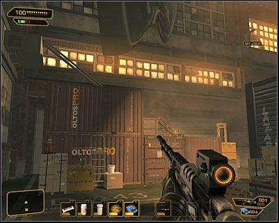 If you do not want to attack the opponents or youve already dealt with them, look for some kind of pyramid made of containers and crates, located north from the main entrance to the plant (screen above) - (2) Peaceful option: Getting inside the plant - Securing Sarifs Manufacturing Plant - Deus Ex: Human Revolution Game Guide