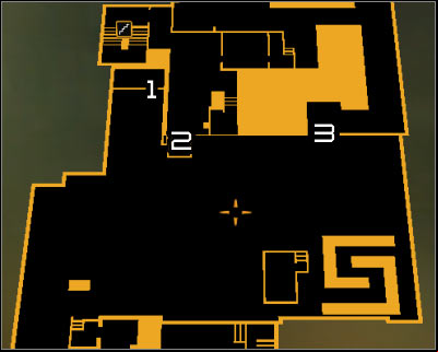Map legend: 1 - Western gate; 2 - Main entrance door; 3 - Eastern age - (1) Getting near the main building - Following the Clues in Highland Park - Deus Ex: Human Revolution Game Guide