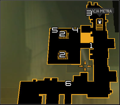 Map legend: 1 - Main ageway guarded by Belltower units; 2 - Stairs leading to the entrance to the building; 3 - Entrance to the first shaft; 4 - Exit from the first shaft; 5 - Entrance to the second shaft; 6 - Scaffolding leading to alternative paths to the building - (3) Aggressive solution: Entering the Hengsha Court Gardens building - Hunting the Hacker - Deus Ex: Human Revolution Game Guide